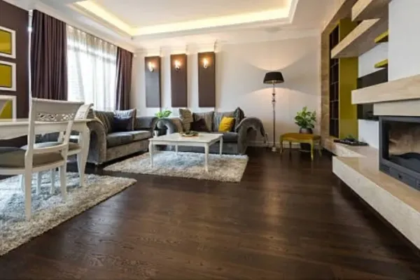 Dark hardwood flooring in elegant living room